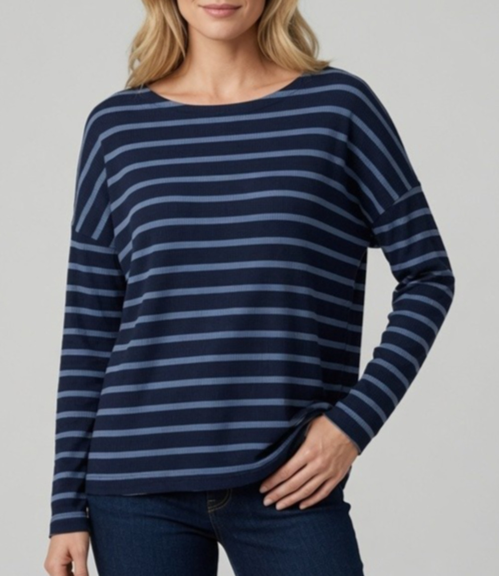 J. Jill Med Tall Striped Ribbed Top Navy Blue Long Sleeve Modal Stretch Casual